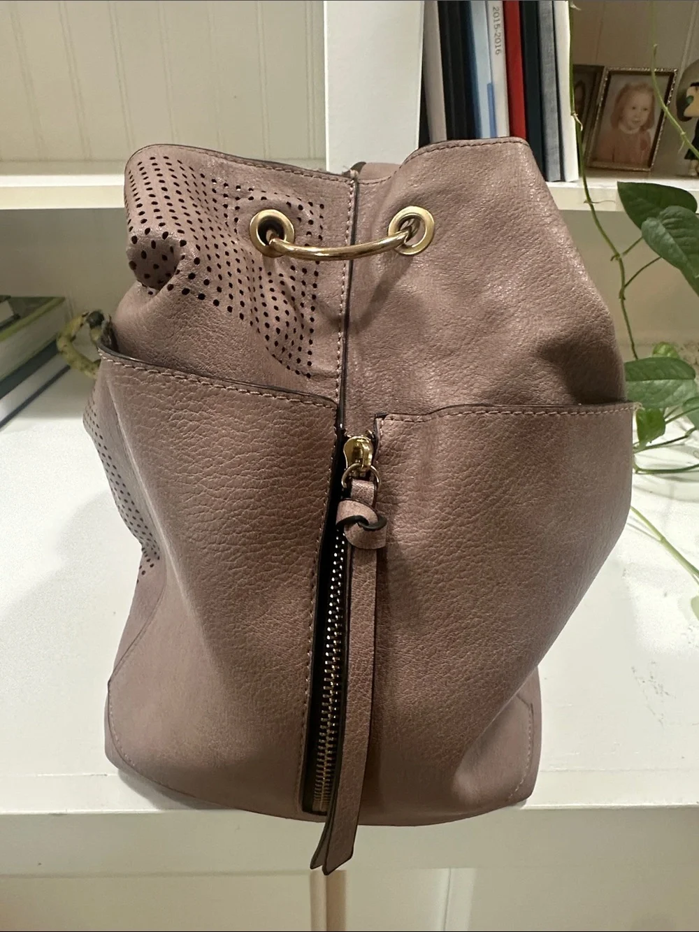 Perforated Mauve Leather Hobo Bag with Front Slip Pockets